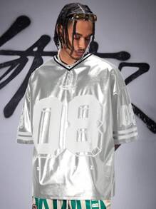 AXEPEAK Camiseta de manga corta con cuello en V de ajuste holgado de piel sintética para hombre, de moda para el verano, la escuela y el estilo urbano