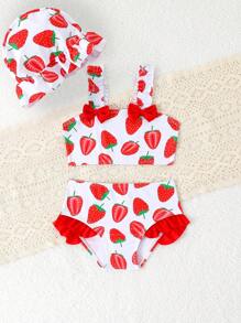 3 件套女婴沙滩装套装，带蝴蝶结、格子图案和可爱图案帽