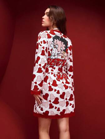 Betty Boop x SHEIN 女士夏季休闲红色爱心人像印花蕾丝睡袍，复古人像图案长袖睡袍，秋冬季