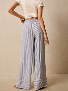 Poéselle Elegant Striped Wide Leg Pants - Easy Fashion Essentials,Women's Wide Leg Pants, Striped Trousers, Stylish Casual Trousers, Stylish Summer Bottoms, Comfortable Fashion Essentials - Multicolor - View 2