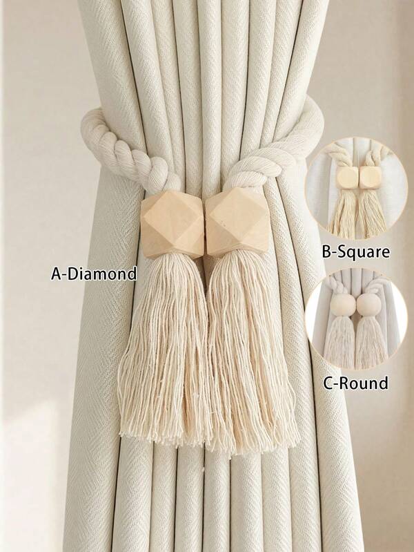 1pc/2pcs Rope Style Double Wood Tassel Curtain Tieback, Magnetic Tie Holder, Various Colors Available, For Curtain Fixing And Gathering Gifts Birthday Graduation
