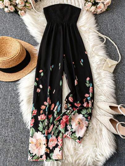 DreamSkyne Court Retro  Plus Size Women's Sleeveless Ruffle Floral Print Jumpsuit, Summer