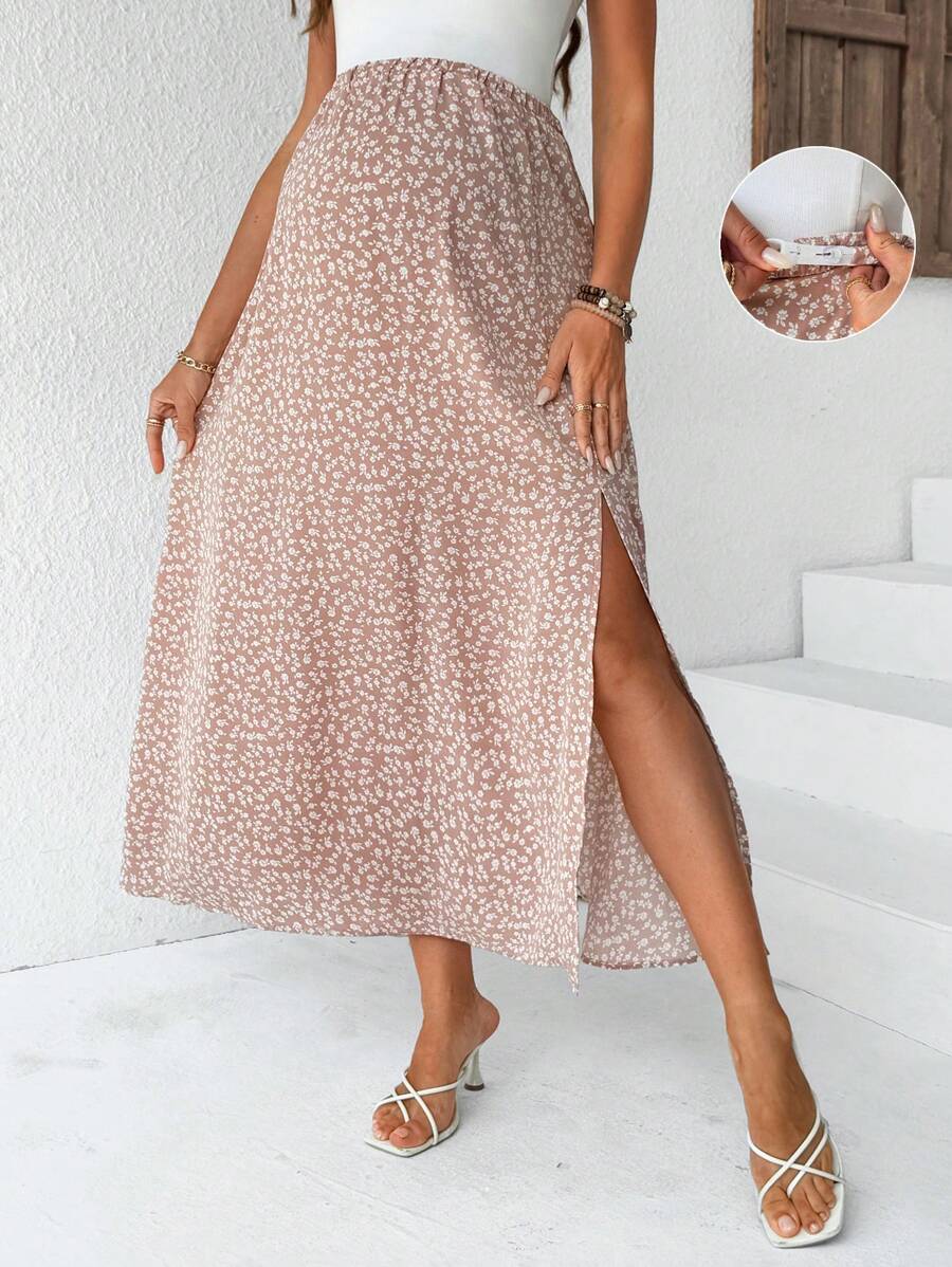 SHEIN Maternity Adjustable Waist Side Slit Hem Ditsy Floral Skirt, For Vacation Boho - Dusty Pink - View 1