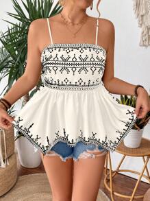 SHEIN Clasi Plus Size Women Elegant Placement Print Elastic Waist Ruffle Hem Tank Top - Multicolor - View 5