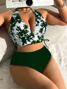 Swim Lushoire Plus Size Tie-Dye Printed Halter Neck Top And Solid Color Triangle Bikini Set For Summer Beach Vacation
