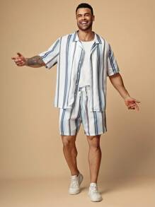 EASEVO 大码男士休闲条纹编织短袖衬衫和短裤套装 - 彩色 - 查看 7