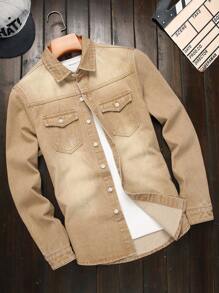 Manfinity Homme Men's Distressed Khaki Denim Shirt: Long Sleeve Button-Down With Classic Shirt Collar And Pocket Detail - Khaki - View 1