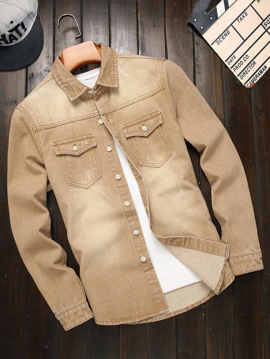 Manfinity Homme Men's Distressed Khaki Denim Shirt: Long Sleeve Button-Down With Classic Shirt Collar And Pocket Detail - Khaki - View 1