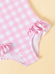 Baby Girl Cute Bow-Decorated Ruffled One-Piece Swimsuit,Light Pink Plaid Swimsuit - Baby Pink - View 4