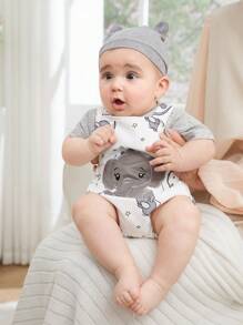 SHEIN Summer Newborn Male Baby Gray Pit Stripe Round Neck Short Sleeved Top Paired With Cute Cartoon Elephant Embroidery Pattern Shoulder Strap Jumpsuit Two Pieces Set - Multicolor - View 1