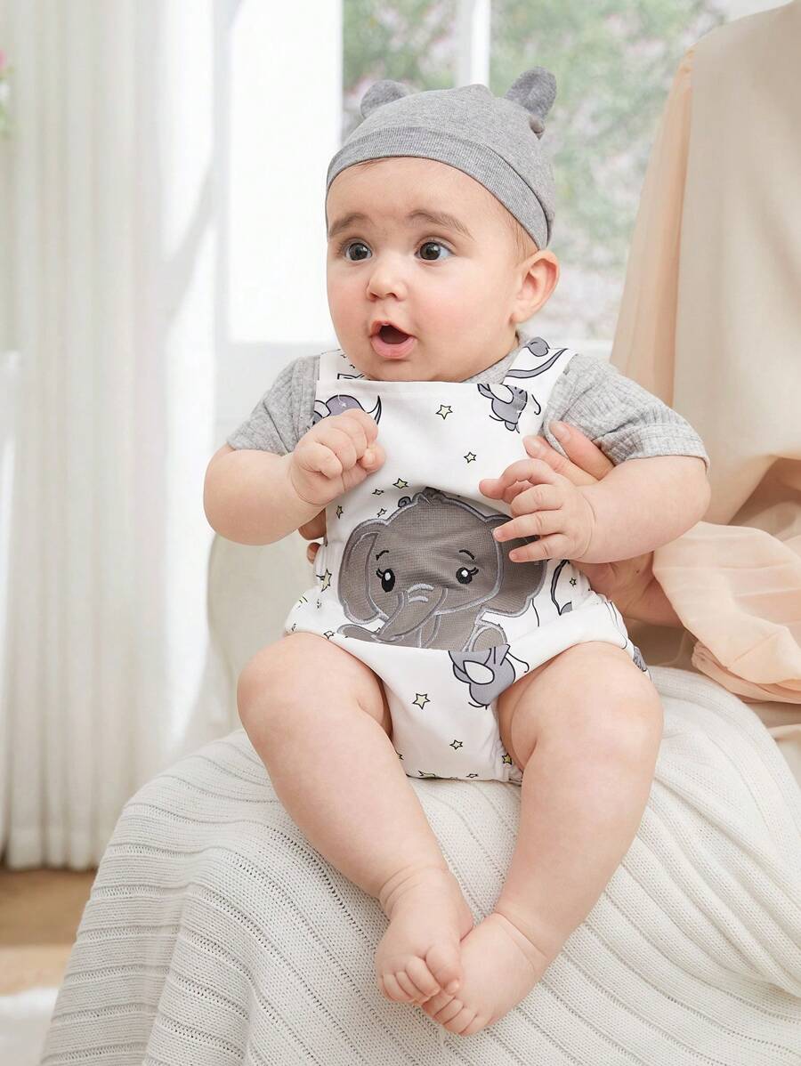 SHEIN Summer Newborn Male Baby Gray Pit Stripe Round Neck Short Sleeved Top Paired With Cute Cartoon Elephant Embroidery Pattern Shoulder Strap Jumpsuit Two Pieces Set - Multicolor - View 1