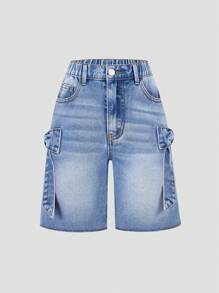 Sparklyn Quần short denim rộng rãi thoải mái, họa tiết nơ, thời trang cho bé gái mới, bán chạy mùa hè 2025, xuân hè, thích hợp cho các buổi đi chơi hàng ngày - Rửa trung bình - Xem 1