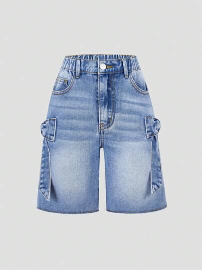 New Girls Fashion Casual Versatile Embellished Bow Distressed Comfy Loose Denim Shorts, Hot Selling Summer 2025 Spring Summer, Suitable For Daily Outing, School, Campus, College Summer Holiday