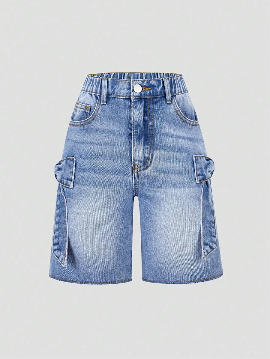 Sparklyn Quần short denim rộng rãi thoải mái, họa tiết nơ, thời trang cho bé gái mới, bán chạy mùa hè 2025, xuân hè, thích hợp cho các buổi đi chơi hàng ngày - Rửa trung bình - Xem 1