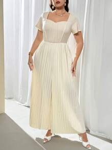 Firerie 大码女式春夏舒适休闲优雅度假新品办公室/工作通勤百褶宽松弹力连体裤 - 杏色 - 查看 7