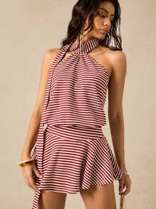 SHEIN EZwear 连衣裙 条纹挂脖长连衣裙 - 紅白色 - 查看 8