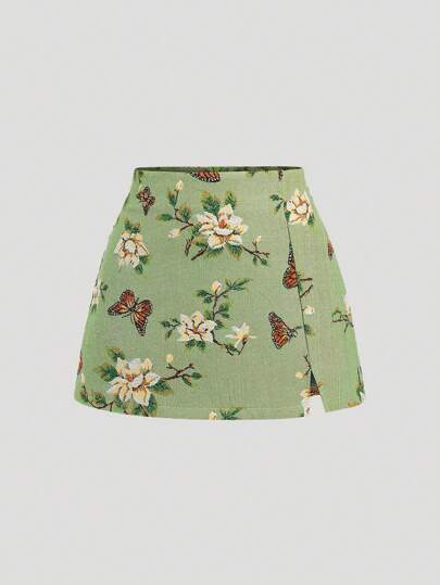 Sweetra Falda mini entallada de línea A con abertura, con estampado floral de mariposa vintage francés para mujer, silueta favorecedor, primavera/verano