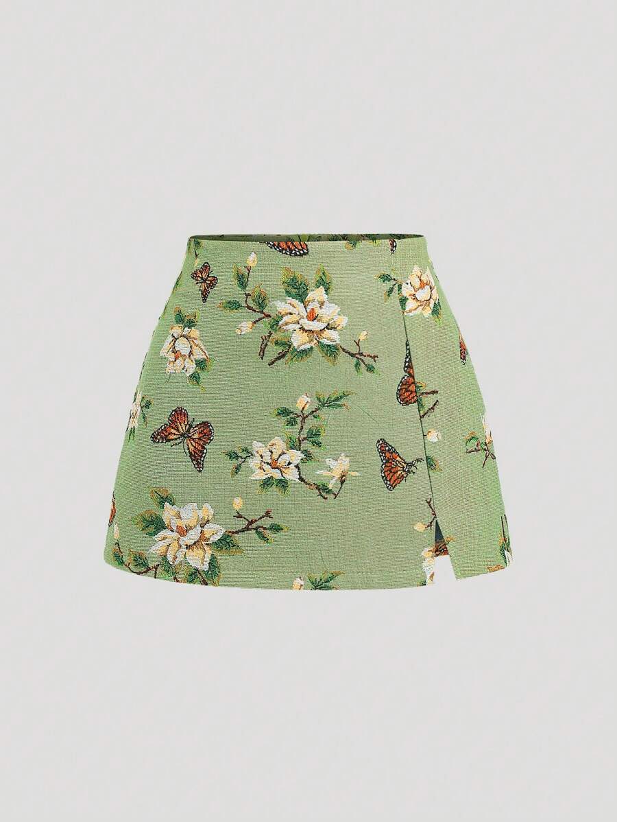Sweetra 法式复古碎花蝴蝶开衩修身 A 字型女式迷你裙，修身廓形，春夏 - 綠色 - 查看 1