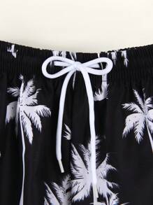 SHEIN Kąpielówki dla nastoletnich chłopców z nadrukiem w losowym wzorze, materiał na kostium kąpielowy, do pływania i surfingu, kąpielówki na wiosnę/lato - Czarne - Zobacz 5