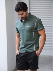 Manfinity Dauomo 男士休闲撞色缝线纽扣短袖 Polo 衫，夏季 - 軍綠色 - 查看 6