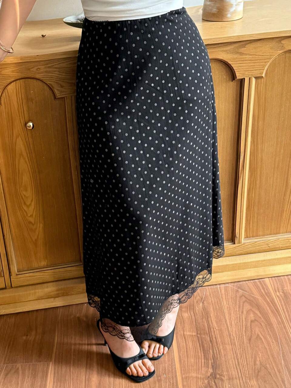 Dazy Plus Plus Size Women's Contrast Lace Straight Polka Dot Print Skirt, Elegant,Back To School Clothes