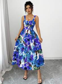 Rafferiza Women's Floral Print Elegant Spaghetti Strap Dress, Vacation Style - Blue - View 3