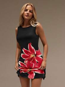 SHEIN Forever 21 Damen Sommerkleid mit Blume Muster, rundem Ausschnitt, ärmellos, Lässig Beach Mini Kleid - Schwarz - Übersicht 7