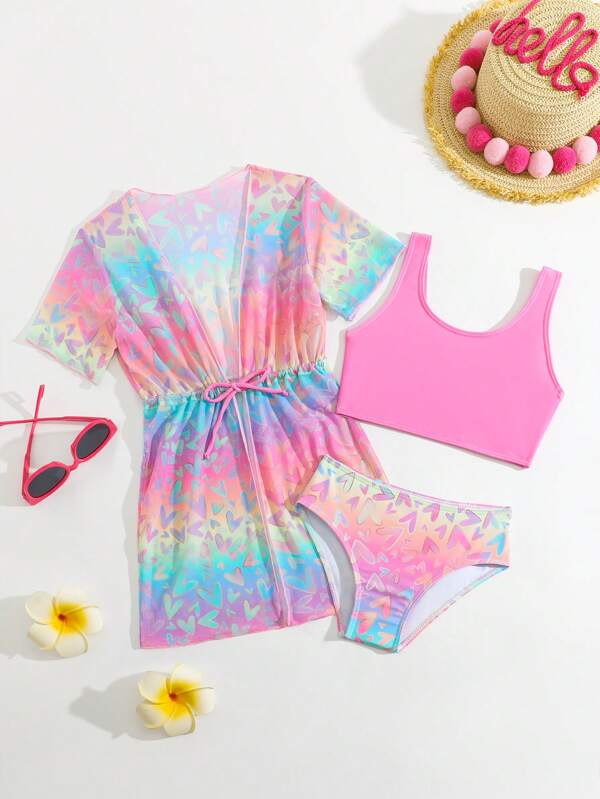 SHEIN 3 قطعة/طقم بكيني ذو كفلات رفيعة للفتاة الصغيرة، طباعة عشوائية