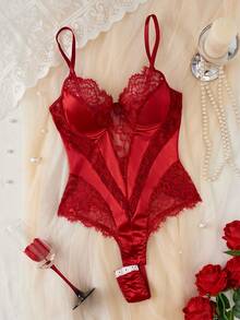 SHEIN 女士性感蕾丝拼布连体衣，适合外出穿着 - 酒紅色 - 查看 8