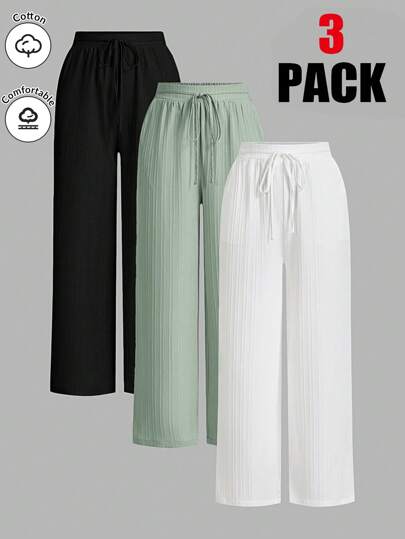 SHEIN Essnce 3条装夏季裤子女士纯色腰系带阔腿宽松休闲裤