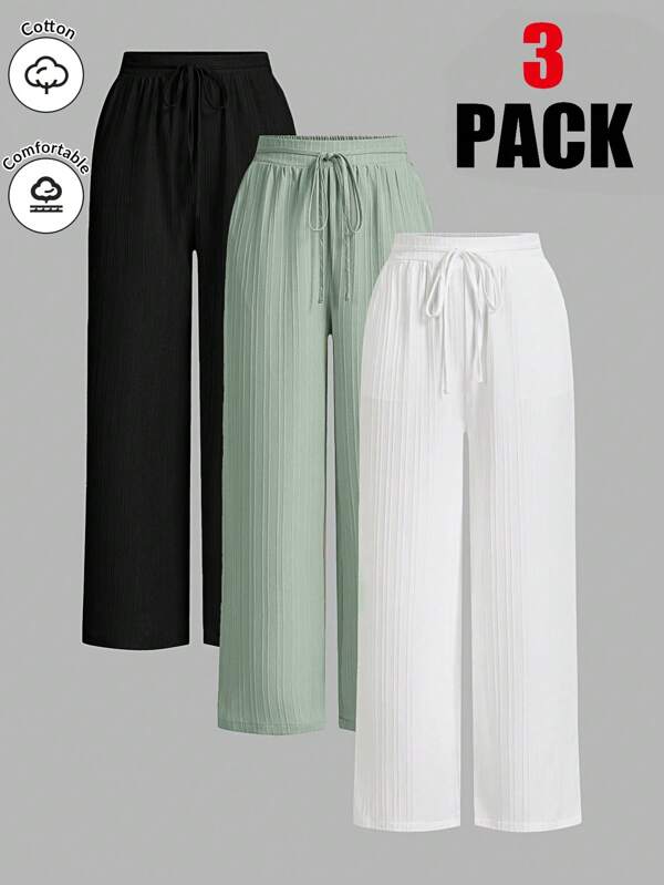 SHEIN Essnce 3packs Summer Pants Women's Solid Color Waist-Tie Wide Leg Loose Casual Pants Work Pants