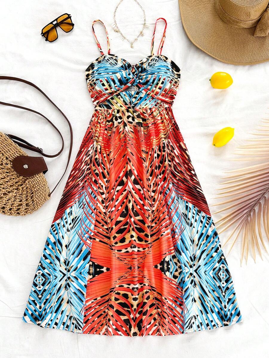 SHEIN WYWH Wild Resort 豹纹印花与热带植物镂空长款吊带裙 - 橘色 - 查看 1