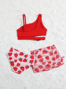 SHEIN 女婴草莓印花吊带泳衣套装带罩裙适合海滩/度假 - 紅色 - 查看 3