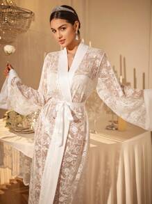 SHEIN Sexy Lace Sheer Belted Long Robe Sleepwear - White - View 4