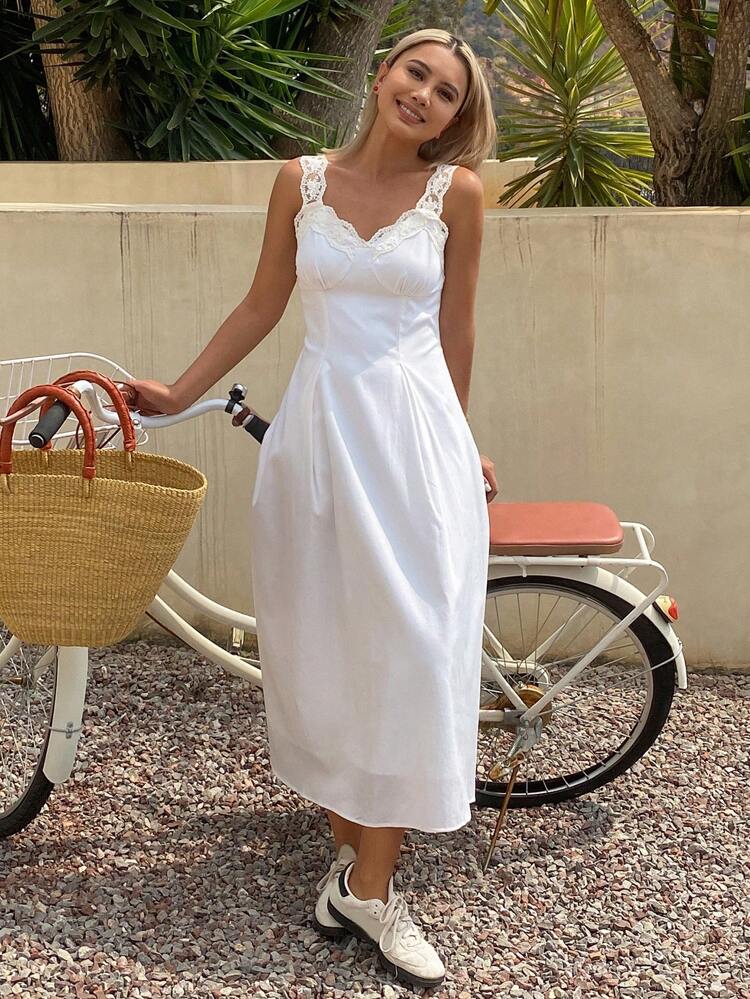 Contrast Lace Trim Casual Vacation Long Dress Sleeveless Empire Waist Umbrella Backless Dress For Women, Summer Maxi Dress