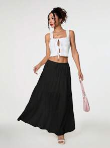 SHEIN PETITE Solid Color Drawstring Waist With Ruffle Hem Casual Skirt - Black - View 6
