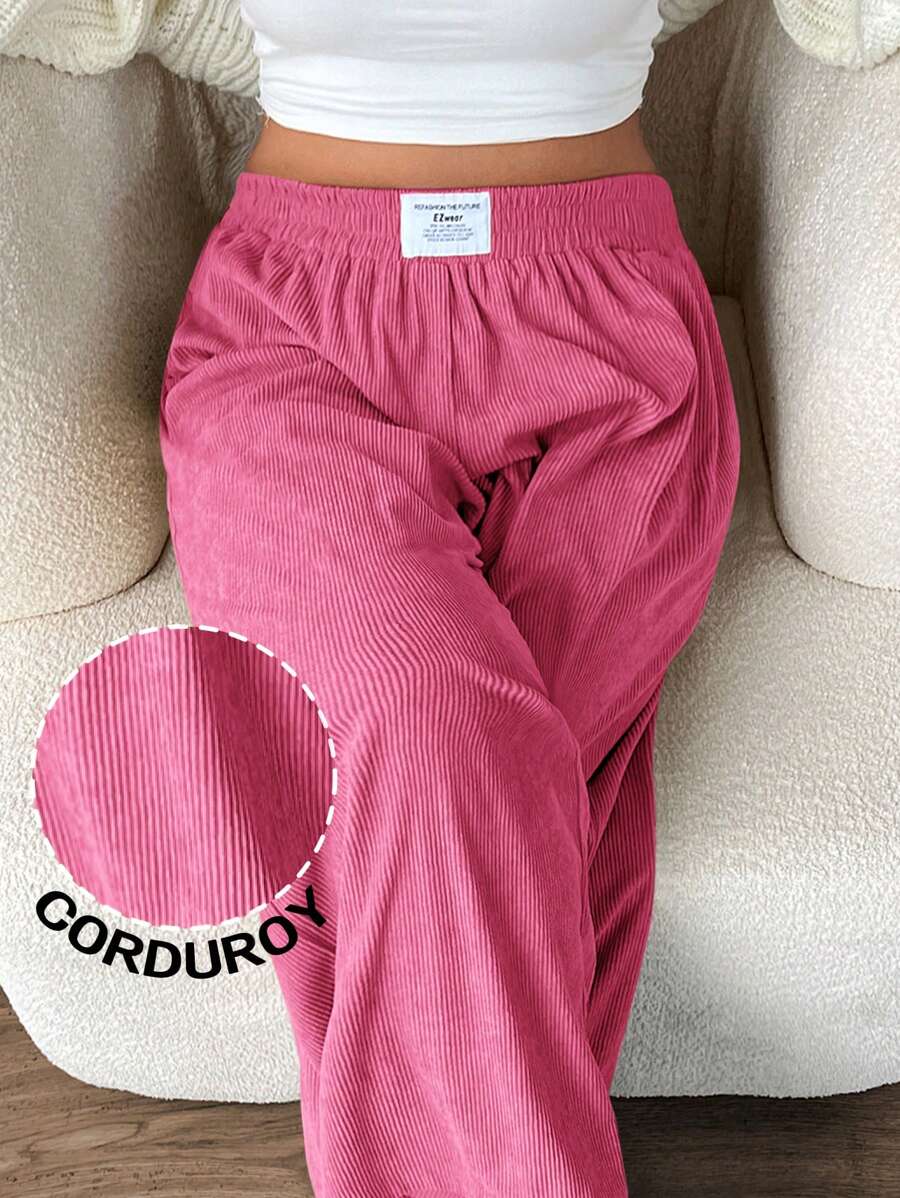 SHEIN EZwear 大码女式秋冬高腰宽松阔腿裤，卡其色灯芯绒面料，口袋和贴片设计，适合校园、日常穿着和室内办公室穿着 - 玫紅色 - 查看 1