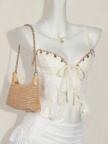 SHEIN ICON Textured Jacquard Fabric Slit Hem Bohemian Style Camisole - Beige - View 3