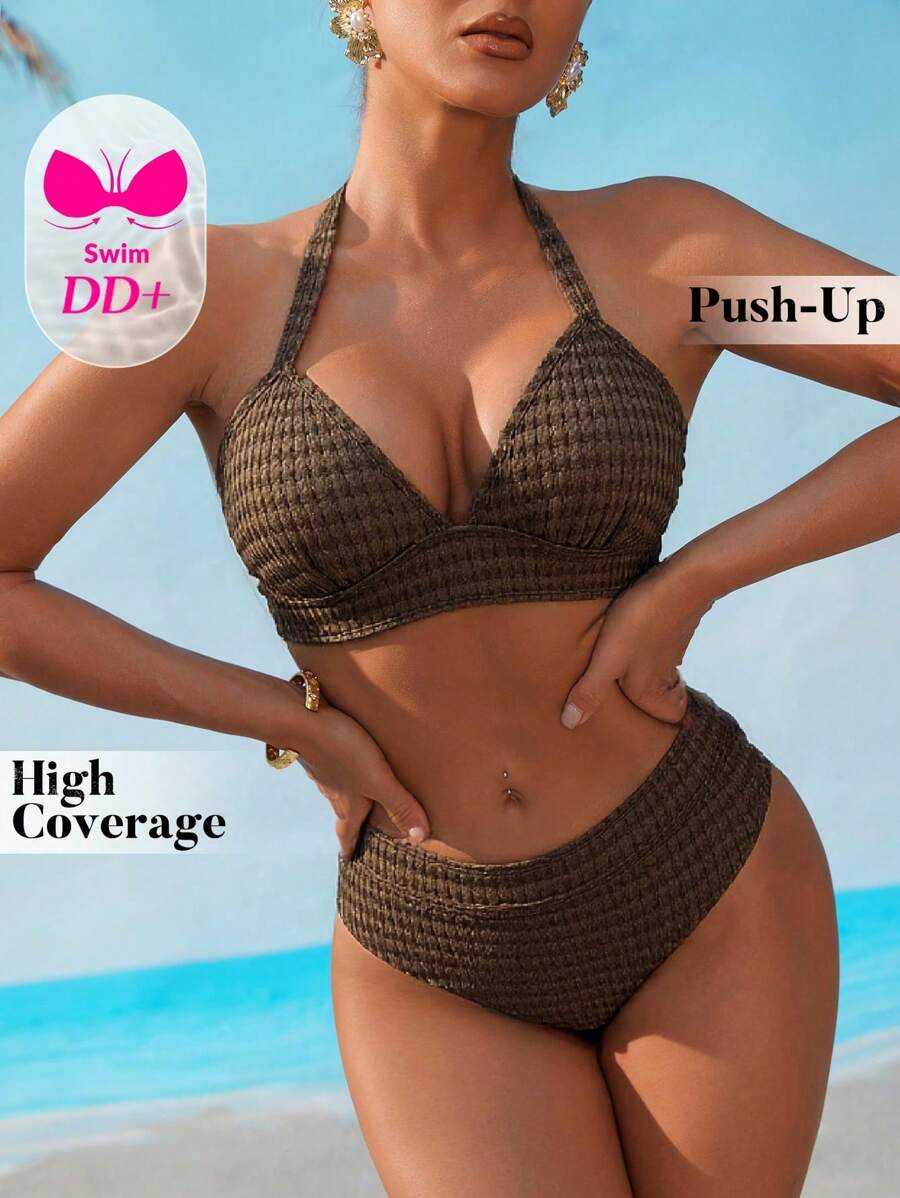 Swim DD+ 2pcs Halter Tie Strap Triangle Bikini Set, Sexy & Minimalist Swimsuit For Summer Beach Vacation - Coffee Brown - View 1