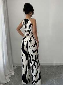 SHEIN PETITE Mono de ajuste de cintura con estampado de tela para mujer, uso elegante para vacaciones y diario