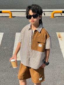 SHEIN 2pcs/Set Tween Boys Comfortable Casual Loose Fit Fashion Personalized Striped Shirt & Contrast Color Shorts Set, Suitable For Daily Wear, Sports, Outings, School, Parties, Holidays, Photoshoots, Back To School Season, Spring/Summer