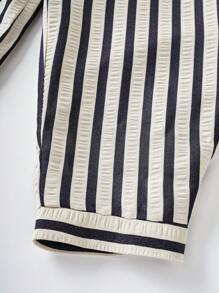 SHEIN LUNE Plus Size Women's V-Neck Button Placket Pocket Striped Shirt Summer Outfits For Women Summer Clothes Cute Summer Tops Office - Black and White - View 3