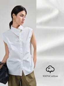 Ontre Blusa blanca con cuello alto sin mangas, estilo asimétrico, inspiración vintage, estilo urbano moderno, blusa asimétrica con botones en forma de H