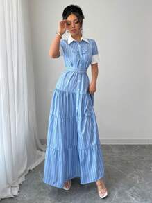 Elenzga Vestido camisero de manga corta con estampado de pastel de rayas azules y blancas para mujer - Azul y blanco - Ver 5