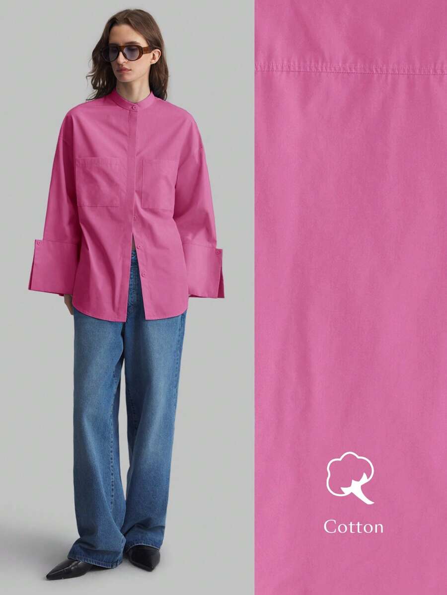 Ontre 斯德哥尔摩风格女教师秋季服装女士衬衫立领设计长袖衬衫超大袖口百搭单品日常穿着商务休闲衬衫2025新款女教师制服商务休闲办公装 - 紫色 - 查看 1