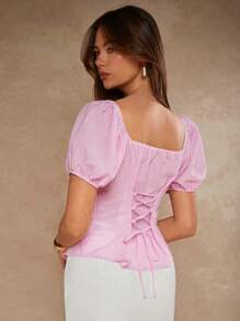 COSMINA Striped Puff Sleeve Button Front Blouse