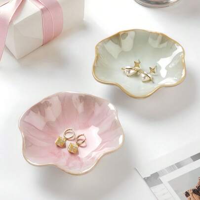 1pc Elegant Ceramic Lotus Leaf Jewelry Organizer Tray For Earrings, Rings, Keys And Small Accessories, Perfect Birthday Or New Year Gift, Desk Storage Valentine Day