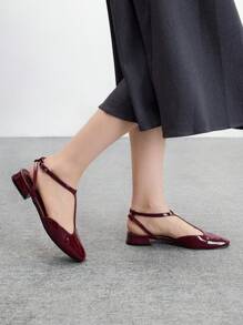 CUCCOO BIZCHIC 女士方头 T 型带休闲平底凉鞋，简约时尚，露跟，适合夏季度假、休闲和通勤穿着 - 酒紅色 - 查看 5