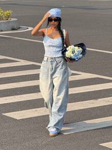 SHEIN EZwear Women's Blue Gingham Shirred Micro Crop Cami Top: Boho Style, Woven Fabric With Strap Neckline And Semi-Sheer Details For A Chic Summer Look - Blue - View 4