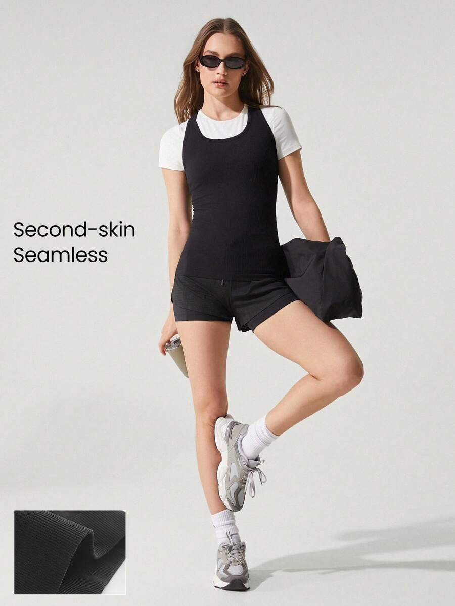 GLOWMODE Seamless Resilient U-Neck Racerback Hip Length Ribbed Active Tank Top Daily Casual Wear Removable Cups - Black - View 1